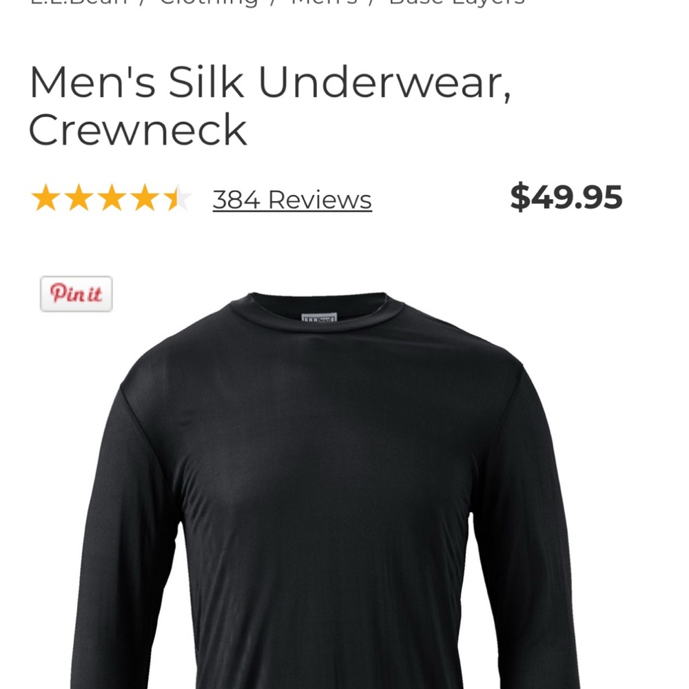 L.L. Bean Men's Black Silk Underwear Crewneck